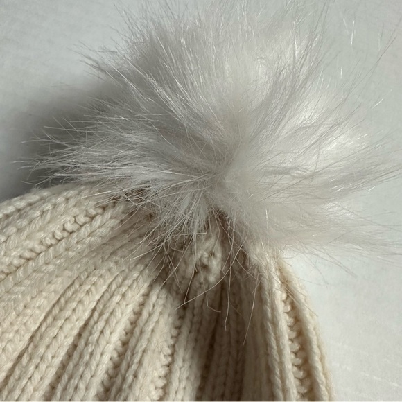Athleta Knit Ribbed Winter Hat with Faux Fur Pom, Ivory Cream - Picture 9 of 11